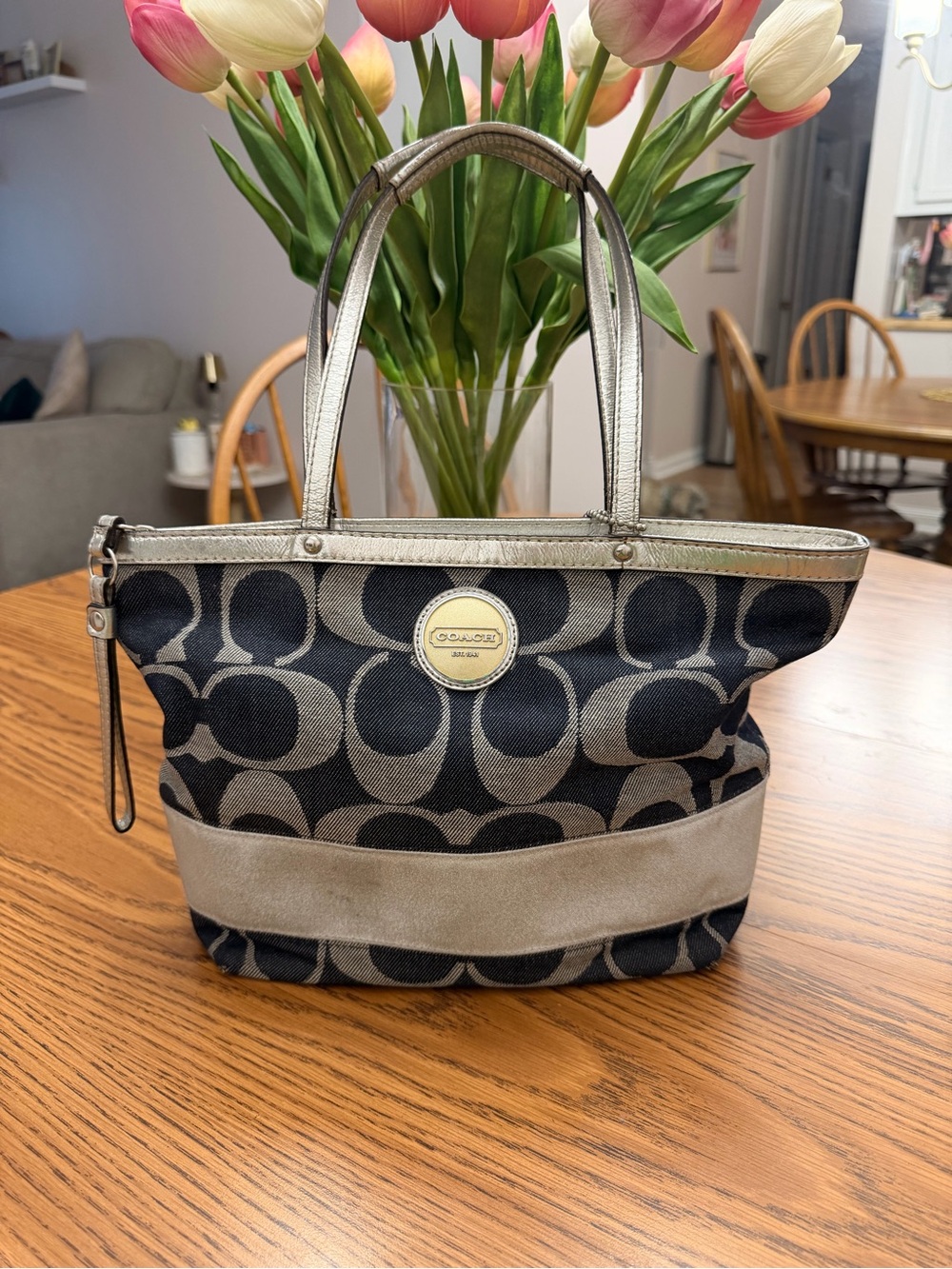 Coach Signature Canvas Tote in Denim and Metallic silver